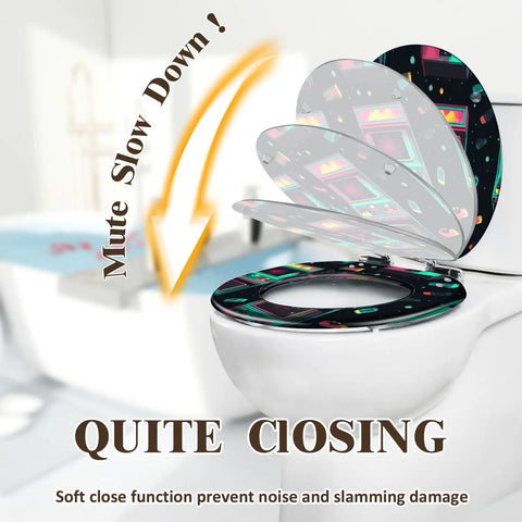 Seamless Toilet Seat, Bathroom with vibrant design, showcasing soft close feature and adjustable installation fittings.