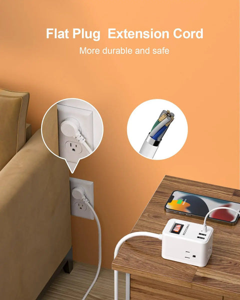 Flat Plug Power Strip With Six Foot Cord, Three Outlets And Three USB Ports Plus USB C, plugged in next to a couch.