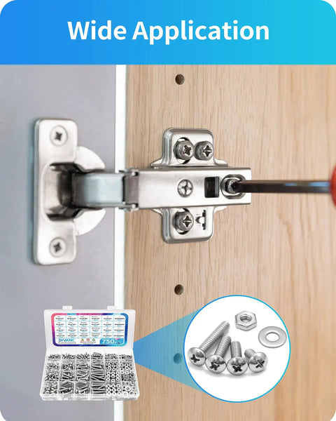 All In One 750 Piece Nuts And Bolts Hardware Kit With Stainless Steel Pan Head Phillips Screws being used on cabinet hinge