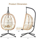 Front and side view of Hanging Egg Chair With Five Level Adjustable Footrest And Stand Wicker Rattan Swing Hammock Chair With Cushion And Double Chains 350 Lbs Capacity For Outdoor And Indoor Patio Deck Bedroom Balcony For Cozy Outdoor Lounging And Indoor Chill Sessions.