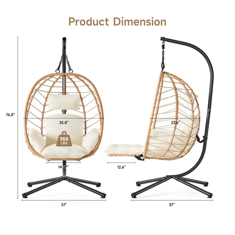 Front and side view of Hanging Egg Chair With Five Level Adjustable Footrest And Stand Wicker Rattan Swing Hammock Chair With Cushion And Double Chains 350 Lbs Capacity For Outdoor And Indoor Patio Deck Bedroom Balcony For Cozy Outdoor Lounging And Indoor Chill Sessions.