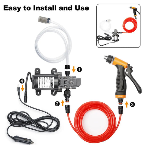 Go To Portable Smart Electric Pressure Washer Pump Kit 100W 160 PSI 12V DC Auto Start Stop With 21.3 Ft PVC Hose components