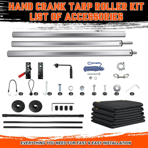 Dump Truck And Trailer Tarp Kit With Rear Anti-Sail Bow, Aluminum Roller, 5ft By 14ft PVC Mesh, Easy Install Tarp System For Dump Trailers, Heavy Duty Weatherproof Covering That Keeps Loads Secure. Accessories kit layout