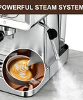 Pro Barista Style 20 Bar Espresso Machine With Automatic Steam Frother Stainless Steel Coffee Maker showing steam wand and latte art.