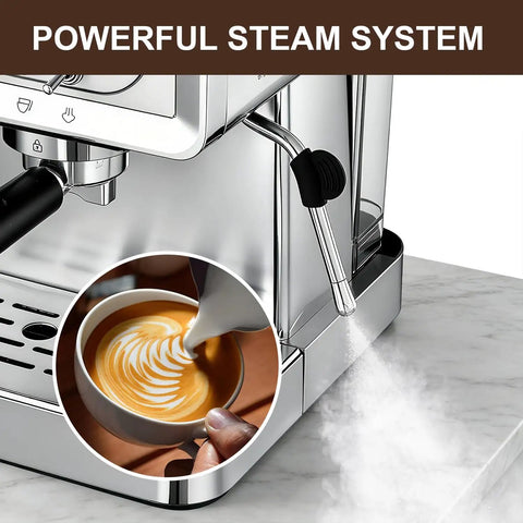 Pro Barista Style 20 Bar Espresso Machine With Automatic Steam Frother Stainless Steel Coffee Maker showing steam wand and latte art.