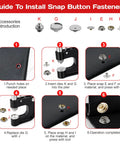 Guide showing steps to install snap button fasteners using All In One Leather Rivets And Snaps Tool Kit With Heavy Duty Press Pliers