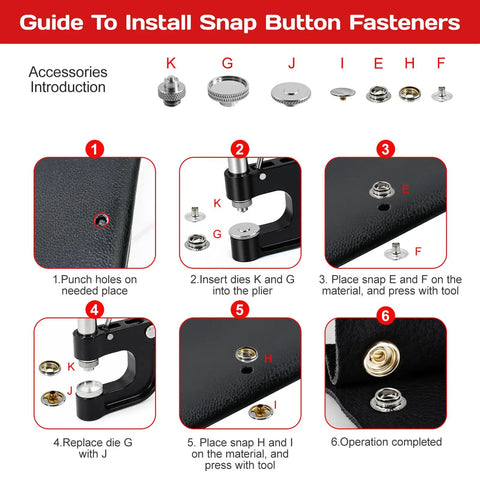 Guide showing steps to install snap button fasteners using All In One Leather Rivets And Snaps Tool Kit With Heavy Duty Press Pliers