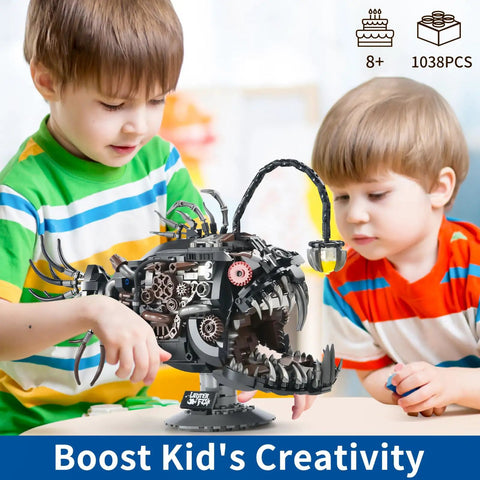 Lit Lantern Fish Mechanical Building Set With 1038 Pieces STEM Construction Toy For Adults And Teens Realistic Deep Sea Model That Doubles As A Glow Lamp Hours Of Creative Play And Display. 1038-piece lantern fish model with glow lamp, kids building kit
