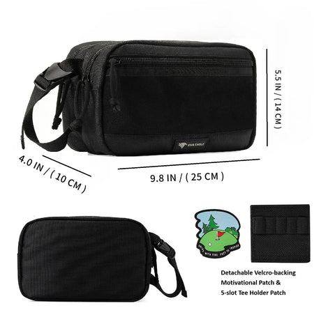 Go To Golf Pouch Bag For Balls And Valuables With Hook And Loop Front Panel Detachable Tee Holder And Motivation Patches