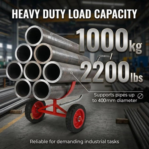 Two Pack Beefy Pipe Transport Cart With 360 Degree Rotating Cradle For Steel And PVC Pipes, Heavy Duty Pipe Dolly Carrier For Construction, Warehouse And Workshop, Handles Up To 1760 Lbs Load. red steel pipe cart with 1000 kg capacity, 400 mm pipes