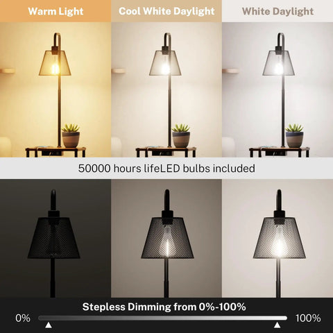 No Fuss All In One Floor Lamp With Table And Shelves Built In Two USB Ports And Outlet showing light color variations and dimming.