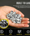Hand holding a set of zinc-plated carbon steel fittings from the Grease Fittings Kit 110 Piece SAE Zerk Fittings Assortment.