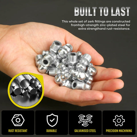 Hand holding a set of zinc-plated carbon steel fittings from the Grease Fittings Kit 110 Piece SAE Zerk Fittings Assortment.