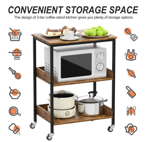 Slick Three Tier Rolling Kitchen Microwave Cart Featuring Rugged Steel Frame For Hella Spacious Storage And Smooth Mobile Coffee Bar Or Living Room Side Table Platform with microwave and cookware.