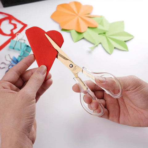 Acrylic Scissors Set With Titanium Gold Coated Blades For All-Purpose Heavy-Duty Office Desk Scissors With Clear Comfort-Grip Handles cutting red paper