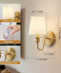 Slick Wireless Wall Sconces Set Of Two, Dimmable Led Bulbs With Remote, 15 Color Changing Gold Fabric Lamps, Hella Easy To Install, Battery Powered Zero Wiring For Bedroom Living Room, showing dimensions and design.