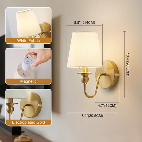 Slick Wireless Wall Sconces Set Of Two, Dimmable Led Bulbs With Remote, 15 Color Changing Gold Fabric Lamps, Hella Easy To Install, Battery Powered Zero Wiring For Bedroom Living Room, showing dimensions and design.