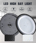 LED High Bay Light 100W UFO Style With US Plug, 15000lm Daylight 5000K, front and back view of shop light, industrial use