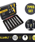 Open case showing a 7-piece damaged screw extractor set for stripped screws and bolts; high speed steel tools compatible with any drill.