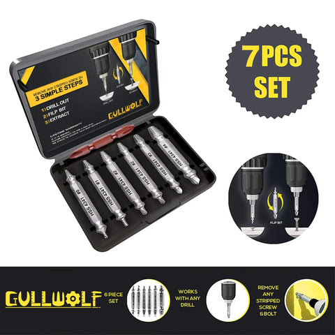 Open case showing a 7-piece damaged screw extractor set for stripped screws and bolts; high speed steel tools compatible with any drill.