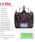 Powerful Brushless RC Helicopter With 6CH 2.4G Remote shown with labeled controls and battery setup