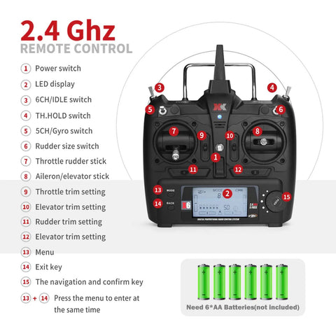 Powerful Brushless RC Helicopter With 6CH 2.4G Remote shown with labeled controls and battery setup