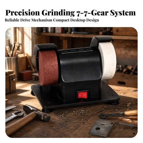 Mini Electric Bench Grinder With Anti Slip Vibration Pads And Pure Copper Motor Featuring Kickass Wheel Guards For Home Shop Dogs Cravin Tight Control And Smooth Grindin Sessions on a workbench with tools.