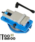 Built Tough Precision Mill Vise featuring 360 Degree swiveling base with heavy duty steel clamp and accessories for machine shop use.