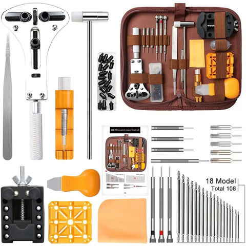 168 Piece Watch Repair Tool Kit with Spring Bar Tools and Handy Brown Storage Case for DIY watchband replacement.