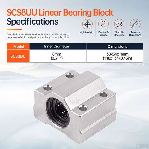 SCS8UU Linear Bearing Block showing dimensions 30x34x11mm and 8mm shaft fit for Beast Mode CNC Rig Builds.