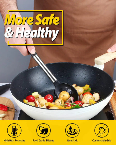Two Pack Large Silicone Cooking Spoons Nonstick Basting Utensils Heat Resistant shown in use with a nonstick pan stirring vegetables