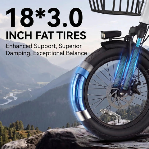 FatGo1 1000W Folding Electric Tricycle for Adults With Basket Fat Tire 3 Wheel Ebike front wheel with 18*3.0 inch fat tire