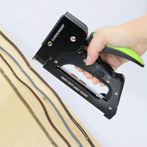 Heavy Duty Manual Staple Gun Cable Tacker For Electrical Cables And Wires Black Pro Grade Tool In Use Securing Cables