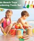 Children playing at beach with 16 Piece Garden Tools Set With Wooden Handles For Garden Beach Sandbox Digging Shovels Rakes Forks Trowels