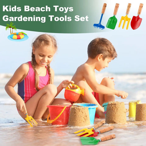 Children playing at beach with 16 Piece Garden Tools Set With Wooden Handles For Garden Beach Sandbox Digging Shovels Rakes Forks Trowels