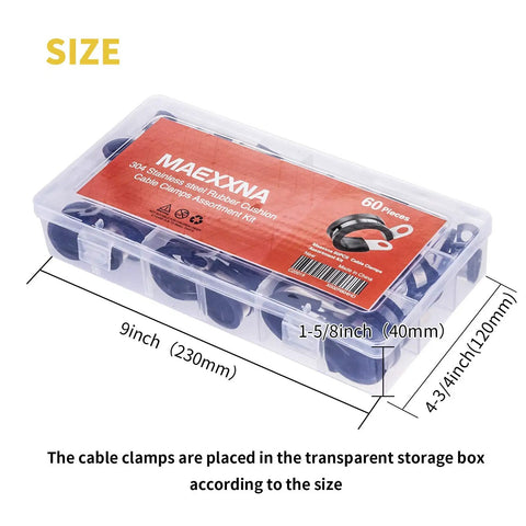 60 Piece Wire Clamps Kit With Seven Sizes Stainless Steel 304 Rubber Cushioned Clamps in transparent storage box