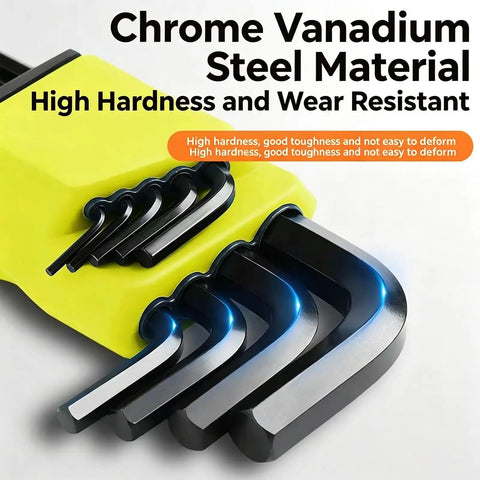 Premium Extra Long Ball End Hex Key Set Crafted From Heat Treated Crv Steel With Black Oxide Finish For High Torque Work And Stubborn Fasteners That Come In A Metric 9 Piece Kit, metric sizes shown