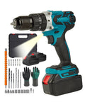 Heavy Duty Cordless Drill Featuring Slick Stepless Speed Toggle And Built In Led Work Light Includes Dual One Point Five Ah Packs Alongside Rugged Gear Case with accessories.