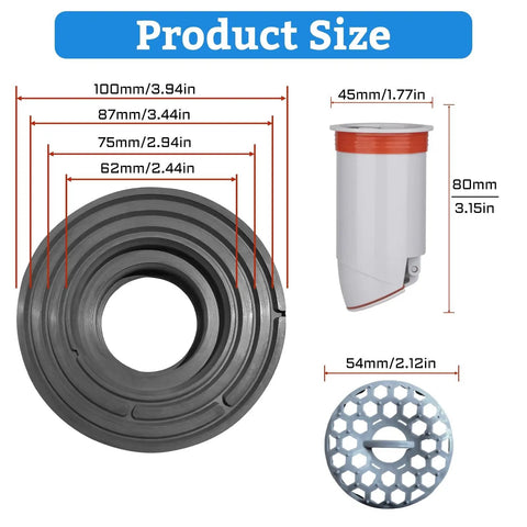 Odor-Proof Shower Drain Plug with Magnetic Closure Valve, Hair Catcher, Silicone Reducer Ring, Dimensions for 1.9 to 3.9 Inch Drains