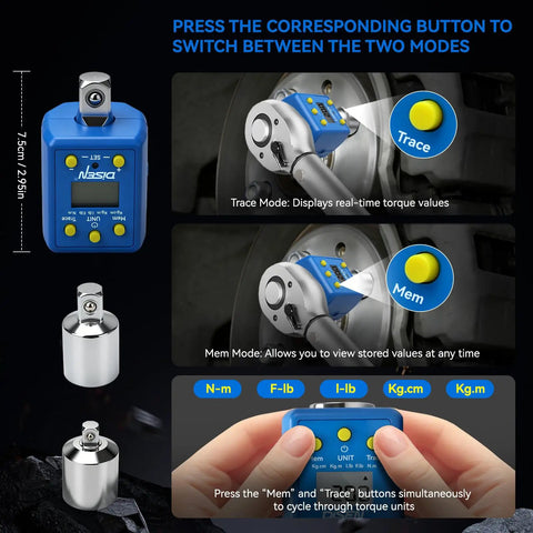 Half Inch Digital Torque Adapter Kit for Ratchets and Breaker Bars with display showing trace and memory modes, blue finish