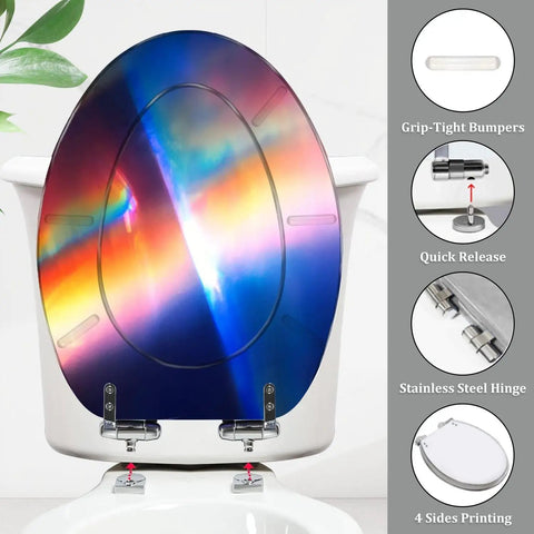 Elongated Toilet Seat Soft Close for Bathroom with colorful design, grip-tight bumpers and stainless steel hinges.