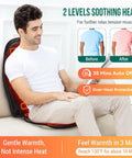 Go To Vibration Back Massager With Heat For Home Office displaying two heat levels and comfort on a seated man, ideal for office use.