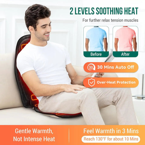 Go To Vibration Back Massager With Heat For Home Office displaying two heat levels and comfort on a seated man, ideal for office use.