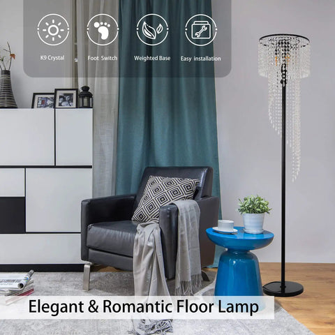 Dope Black Crystal Floor Lamp With Three Lights, Tall Pole Modern Minimalist Style featured in a stylish living room setting.