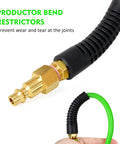 Built Like A Tank 1/4 Inch By 50 Feet Reinforced Polyurethane Air Compressor Hose With Quick Coupler Plug Kit Bend Restrictors showing brass fittings and protective bend restrictors.