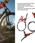Rock Solid Four Piston Hydraulic Disc Brake Set For Mountain Bikers With Drop Dead Smooth Bilateral Oil Lines And Tough Resin Pads, showing red brake levers and hoses.