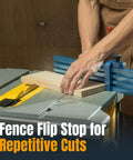 Hella Sharp 3 Inch Fence Flip Stop For Table Saw Miter Saw And Drill Press Universal T Track Woodworking Jig with wood piece and saw.