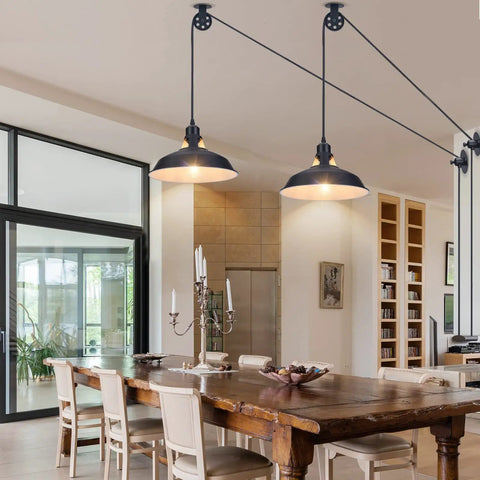 Plug In Pendant Light Bundle with Black Barn Style Hanging Lamps 14.76 Ft Cord On Off Switch Adjustable Pulley Design in dining room