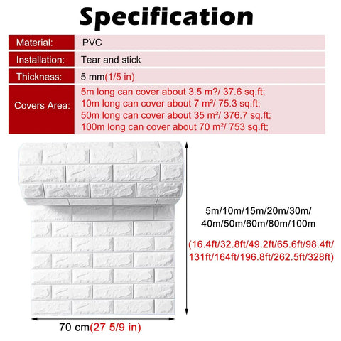Specifications for Hassle Free Peel And Stick Brick Wallpaper Roll For Kitchen Backsplash Waterproof PVC self-adhesive wall covering.