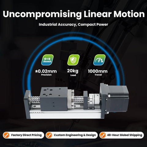 Side view of KHMOS HMS40 linear guide rail module with NEMA23 56mm motor; steel rail, 100mm stroke, 10mm lead